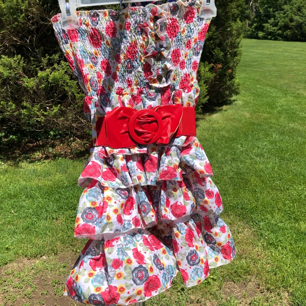Cute red floral ruffle dress with red waist belt